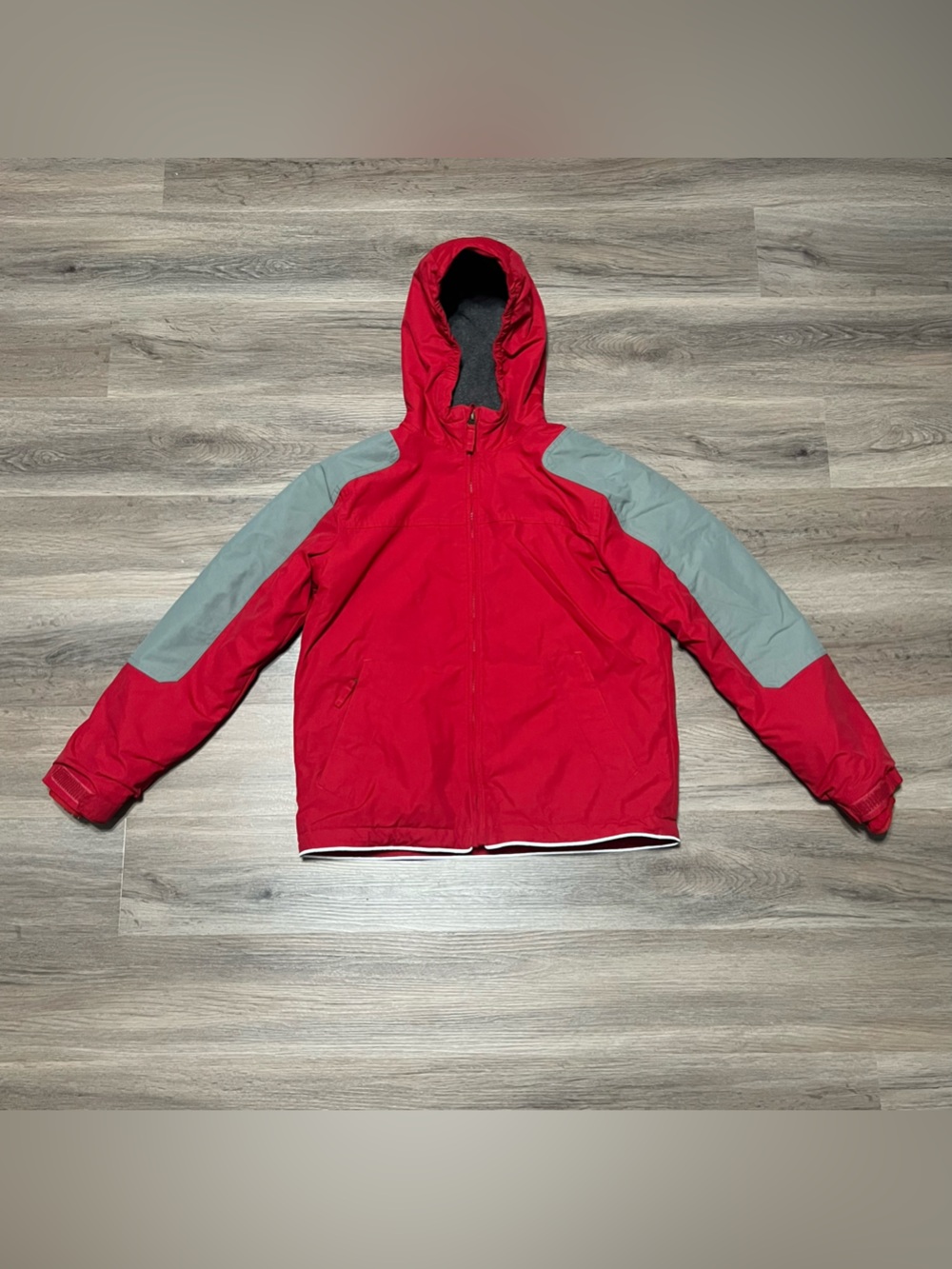 Lands End Kids Medium (10-12) Jacket Red Gray Fleece Lined Hooded Grow-A-Longs